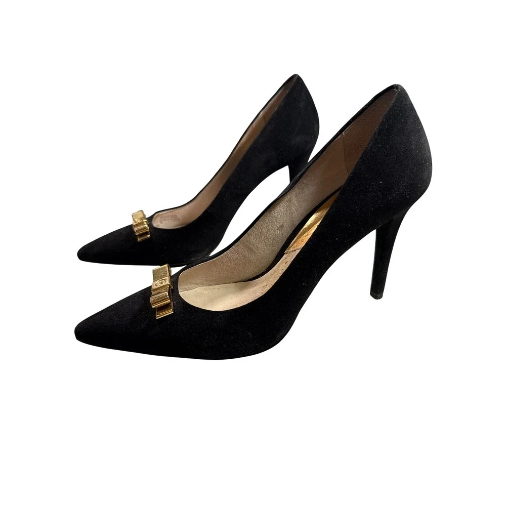 Michael Kors Womens Black Suede Pointed Toe Bow Pumps Gold Hardware Size 8M